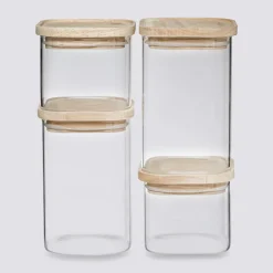 5five 4 bocaux verre empilables couvercle bois