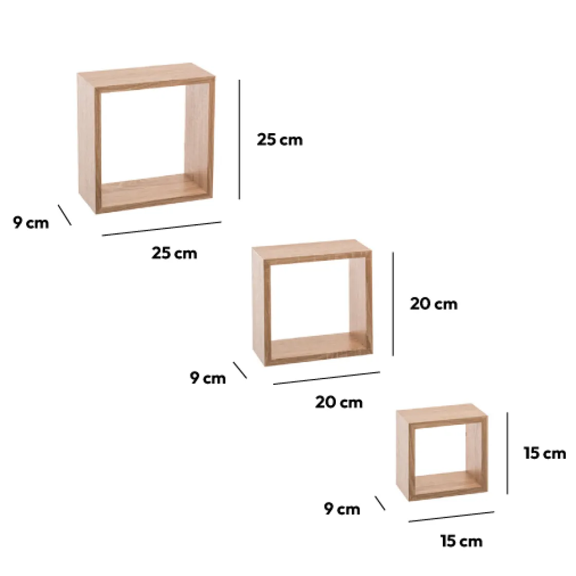 5five 3 petites étagères murales cube, Effet chêne