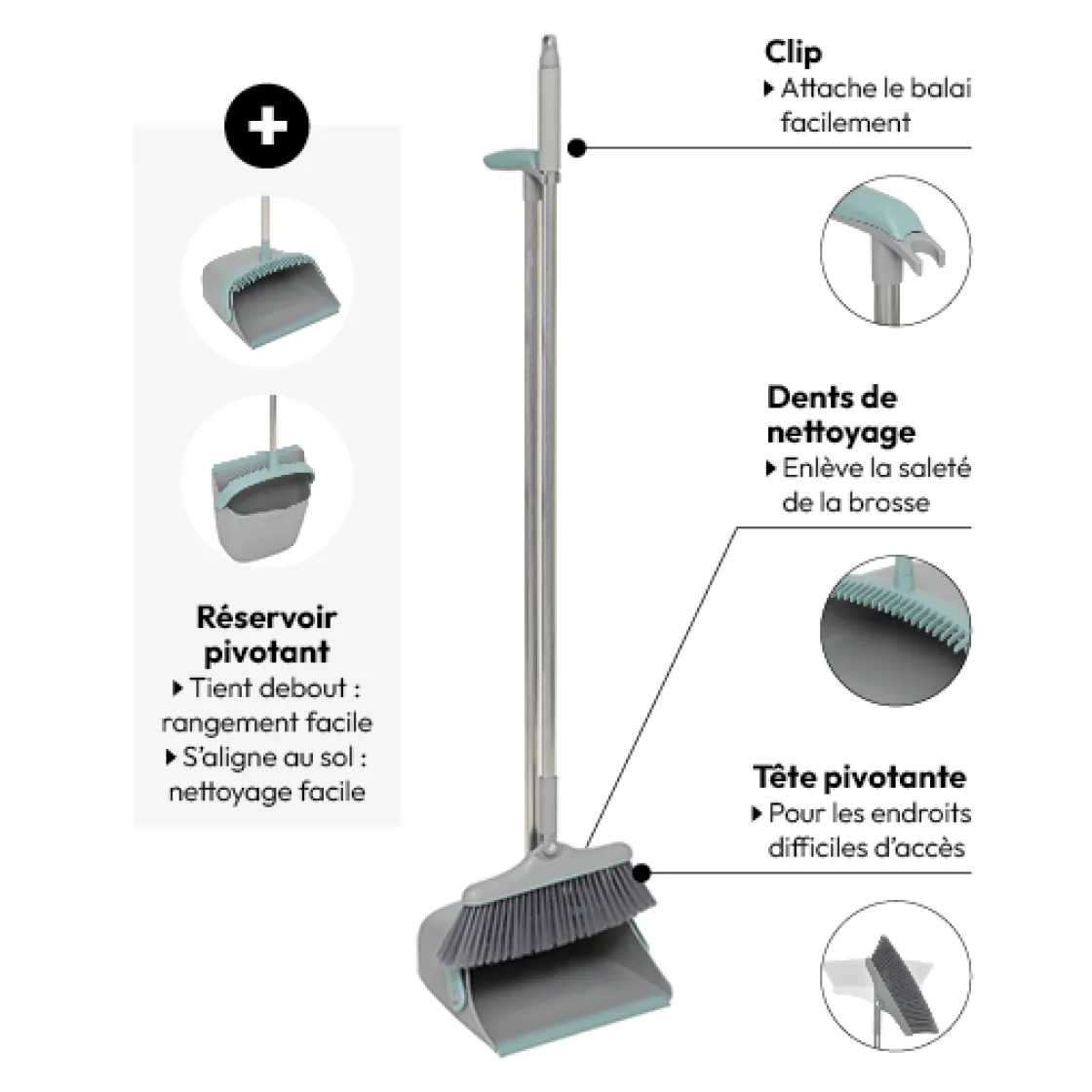 5five Balai et pelle pivotant, Gris et bleu