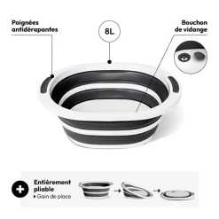5five Bassine rétractable avec bouchon 8L, Gris et blanc