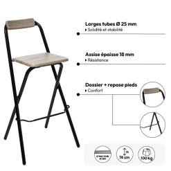 5five Chaise de bar pliante, Effet chêne naturel