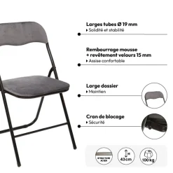 5five Chaise pliante en velours, Gris anthracite