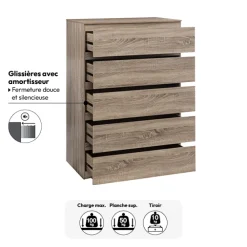 5five Commode 5 tiroirs, Effet bois naturel