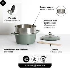 5five Cuiseur vapeur fonte d'aluminium vert, 24cm