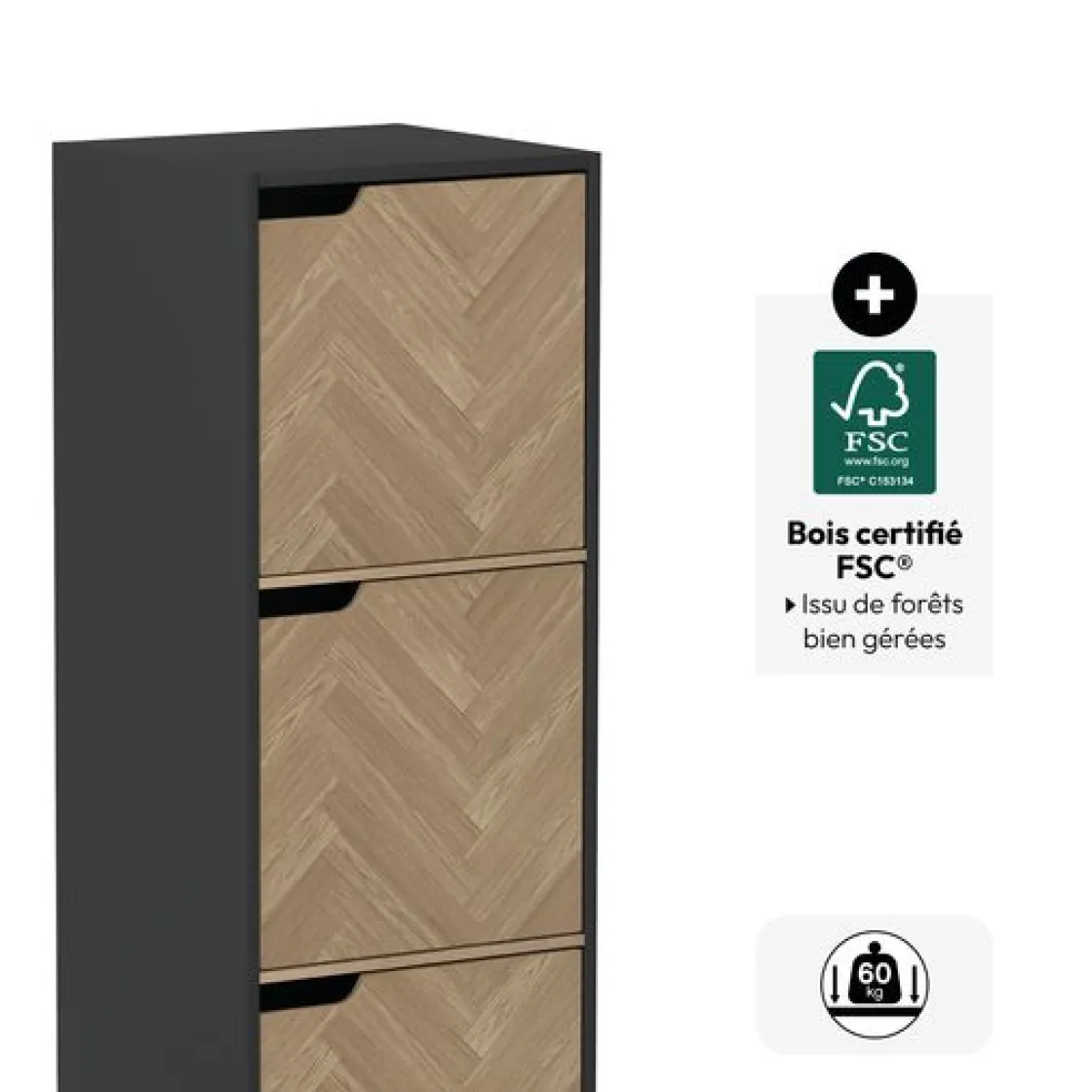 5five Etagère 3 cases, Effet bois et noir