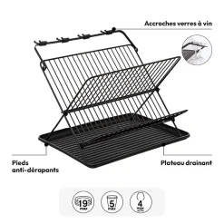 5five Égouttoir pliant 2 niveaux avec plateau, Noir