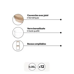 5five Lot de 12 bocaux de conservation hermétiques en verre 350ml