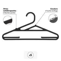 5five Lot de 5 cintres fins antidérapants, Noir