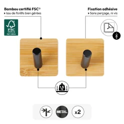 5five Lot de 2 patères adhésives 1 tête métal et bambou