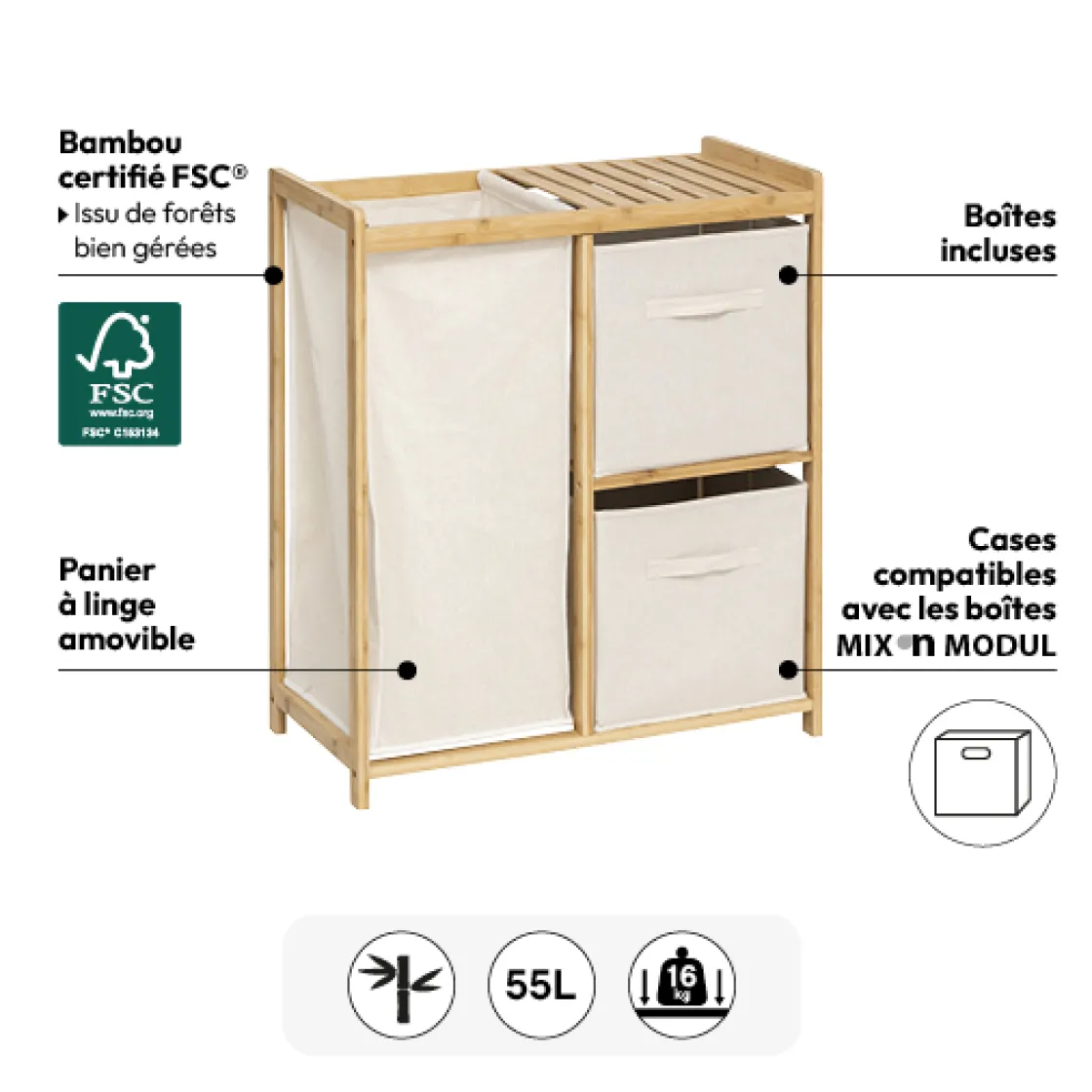 5five Meuble étagère avec panier et 2 paniers, Bambou