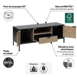 5five Meuble TV 3 portes sof close, Effet bois et noir
