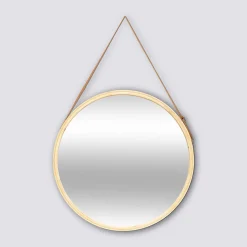 5five Miroir mural rond avec lanière cuir, 50cm, Bambou