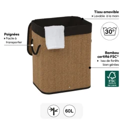 5five Panier à linge 100L, Bambou et noir