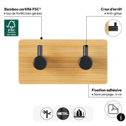 5five Patère adhésive 2 têtes métal et bambou