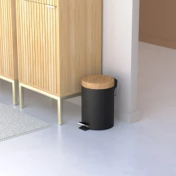 5five Poubelle à couvercle bambou 3L, Noir