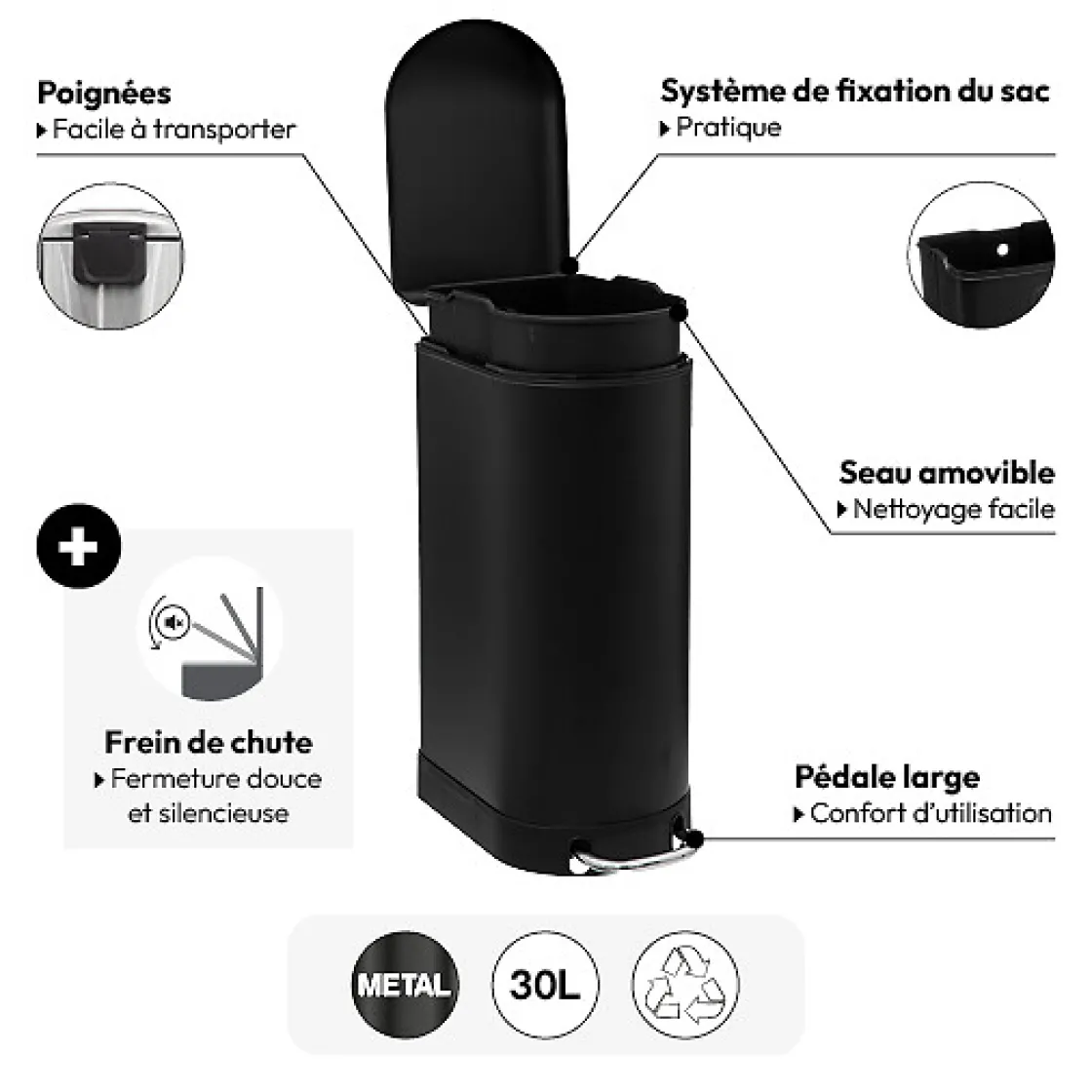 5five Poubelle à pédale métal 30L, Noir Ariane