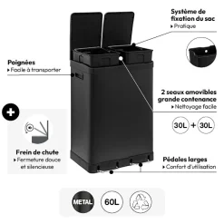5five Poubelle de tri sélectif à pédales métal 2x30L, Noir
