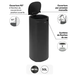 5five Poubelle métal 50L avec ouverture pression, Noir
