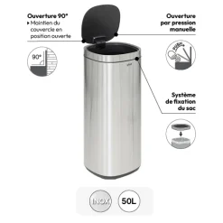 5five Poubelle métal 50L avec ouverture pression, Gris