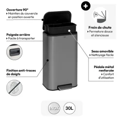 5five Poubelle métal 30L, Inox finition mat