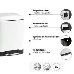 5five Poubelle rectangulaire à pédale métal 6L, Blanc
