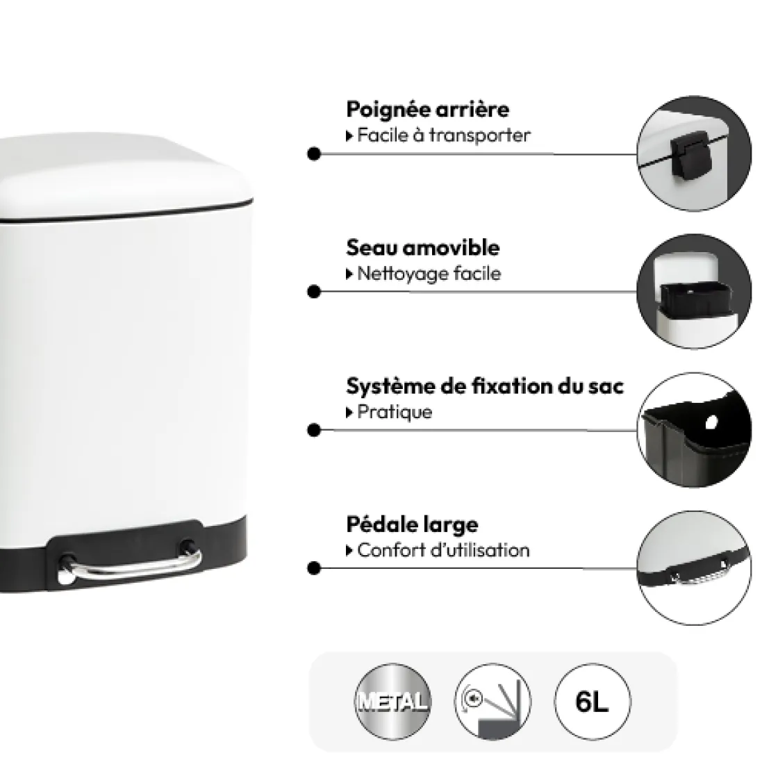 5five Poubelle rectangulaire à pédale métal 6L, Blanc