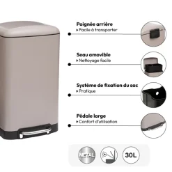 5five Poubelle rectangulaire à pédale métal 30L, Taupe