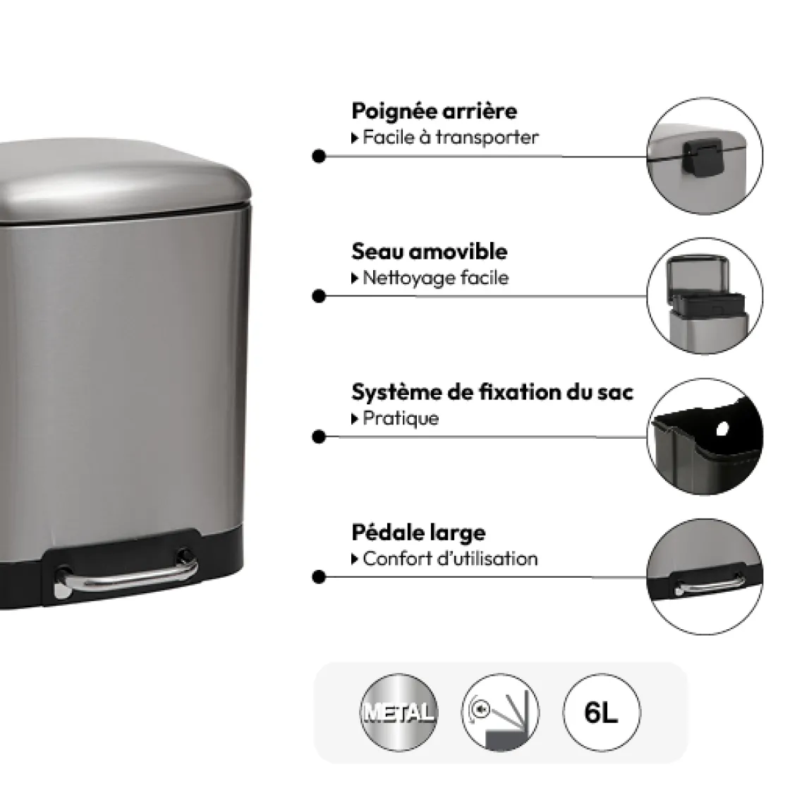 5five Poubelle rectangulaire à pédale métal 6L, Inox