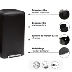 5five Poubelle rectangulaire à pédale métal 30L, Noir