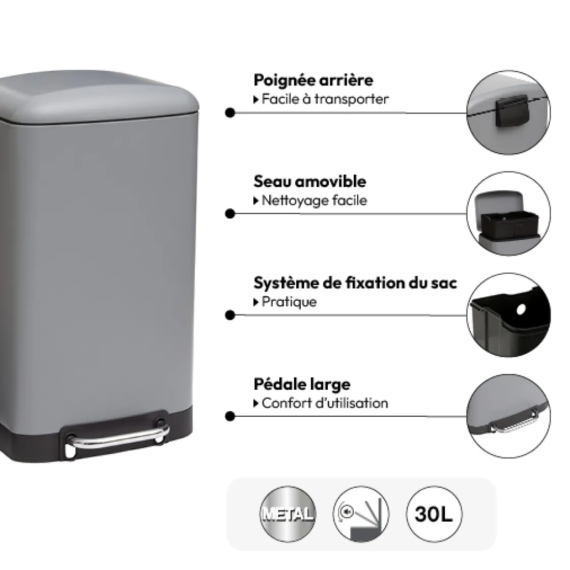 5five Poubelle rectangulaire à pédale métal 30L, Gris