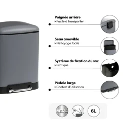 5five Poubelle rectangulaire à pédale métal 6L, Gris