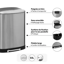 5five Poubelle rectangulaire à pédale métal 50L, Inox