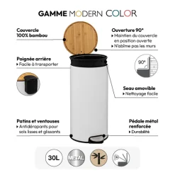 5five Poubelle ronde avec couvercle bambou 30L, Blanc