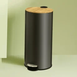 5five Poubelle ronde avec couvercle bambou 30L, Noir