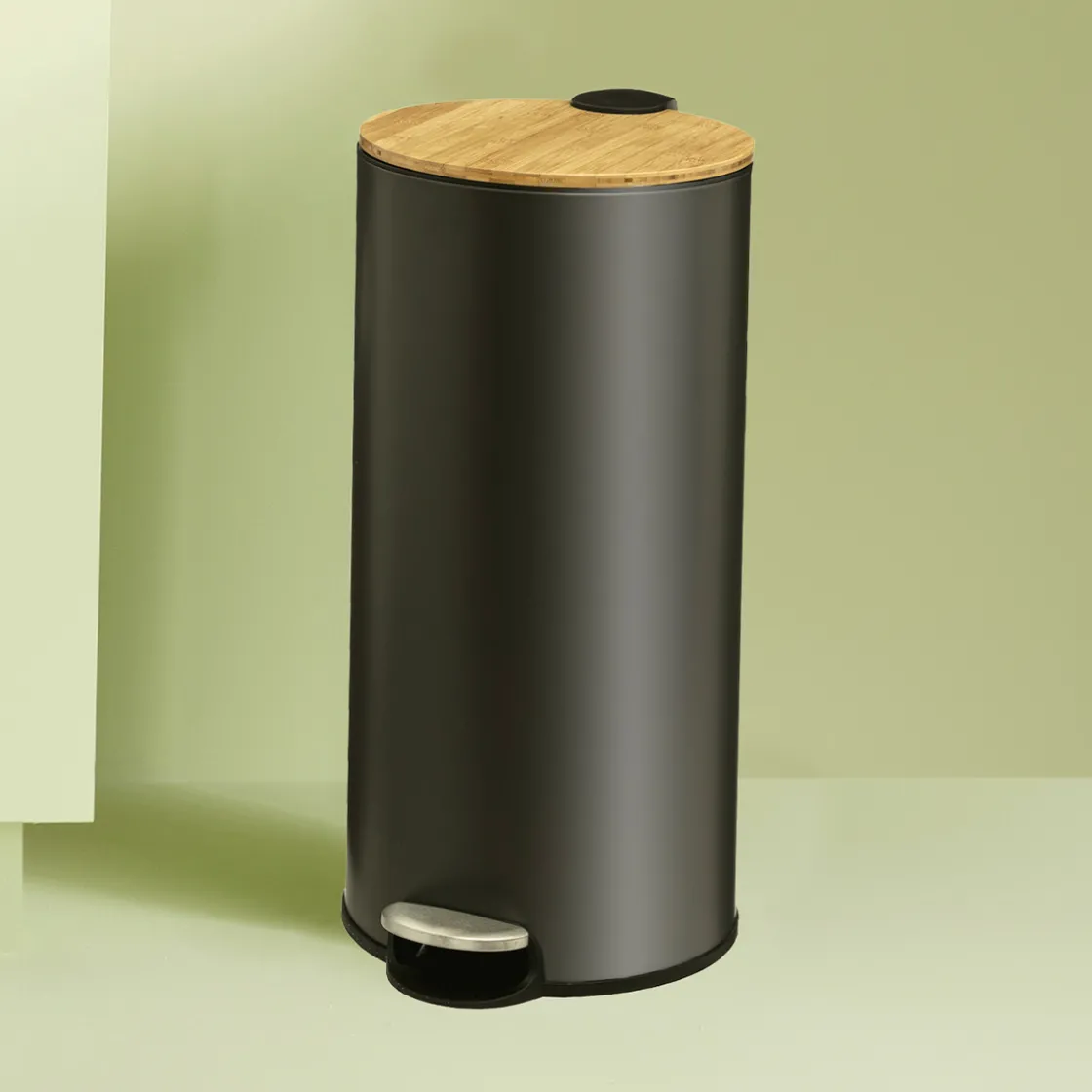 5five Poubelle ronde avec couvercle bambou 30L, Noir