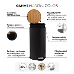5five Poubelle ronde avec couvercle bambou 30L, Noir