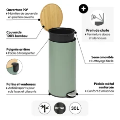 5five Poubelle ronde Soft Close couvercle bambou 30L, Vert